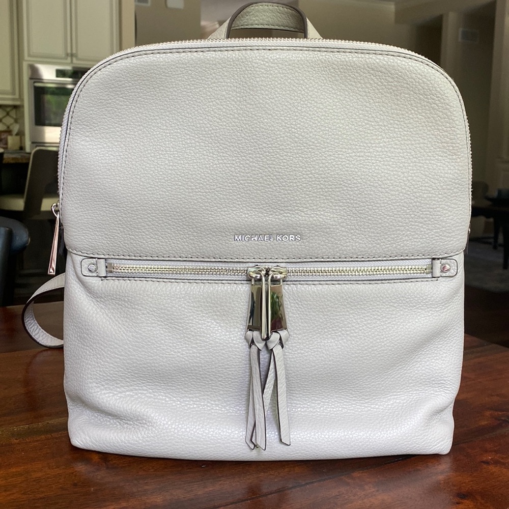 Michael Kors -Rhea Medium Slim zip top gray leather backpack w adjustable straps